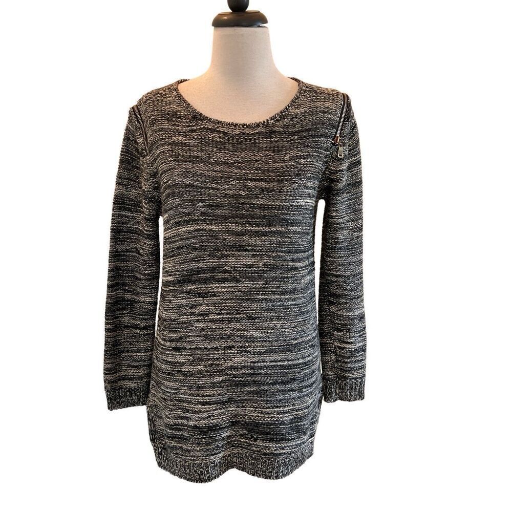 ii Sisters Women's Chunky Knit Wool Blend Zip Cold Shoulder Sweater Gray Small